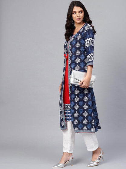  Blue Cotton & Rayon A-line Kurti -  world