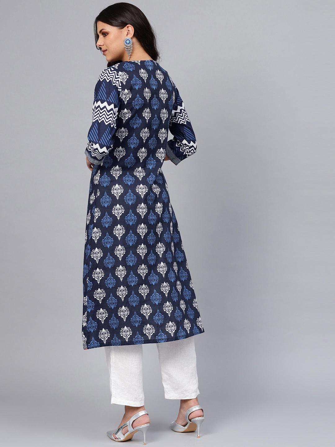  Blue Cotton & Rayon A-line Kurti -  world
