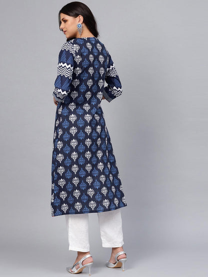  Blue Cotton & Rayon A-line Kurti -  world