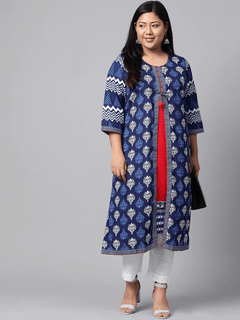 Plus Size Blue Cotton & Rayon A-line Kurti