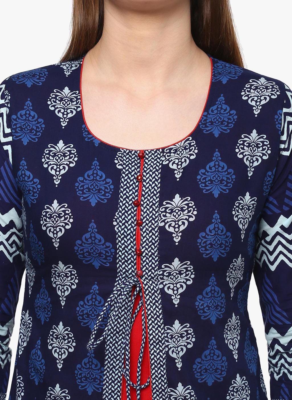  Blue Cotton & Rayon A-line Kurti -  world