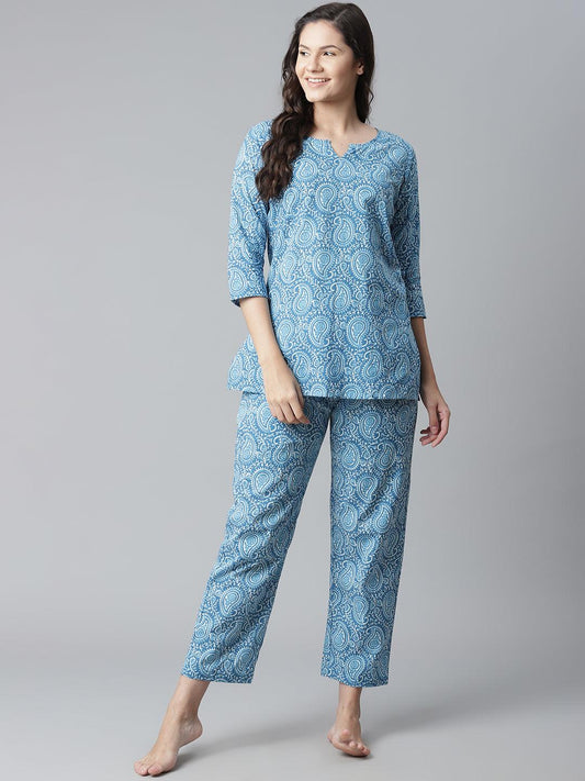  Blue Printed Cotton Nightwear -  world