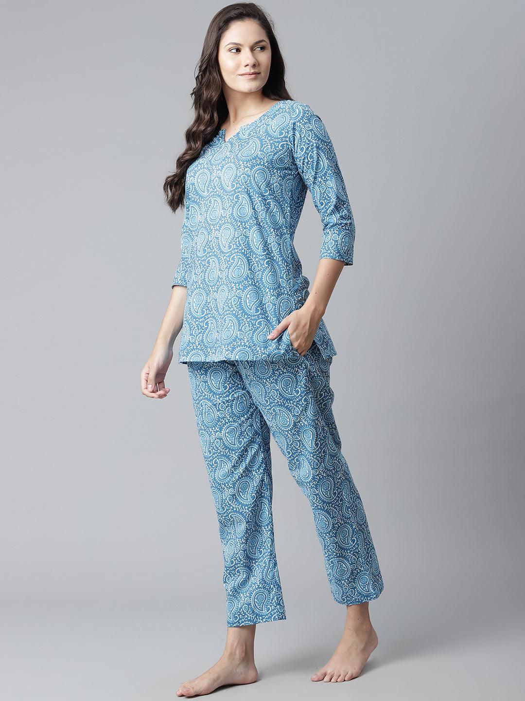  Blue Printed Cotton Nightwear -  world