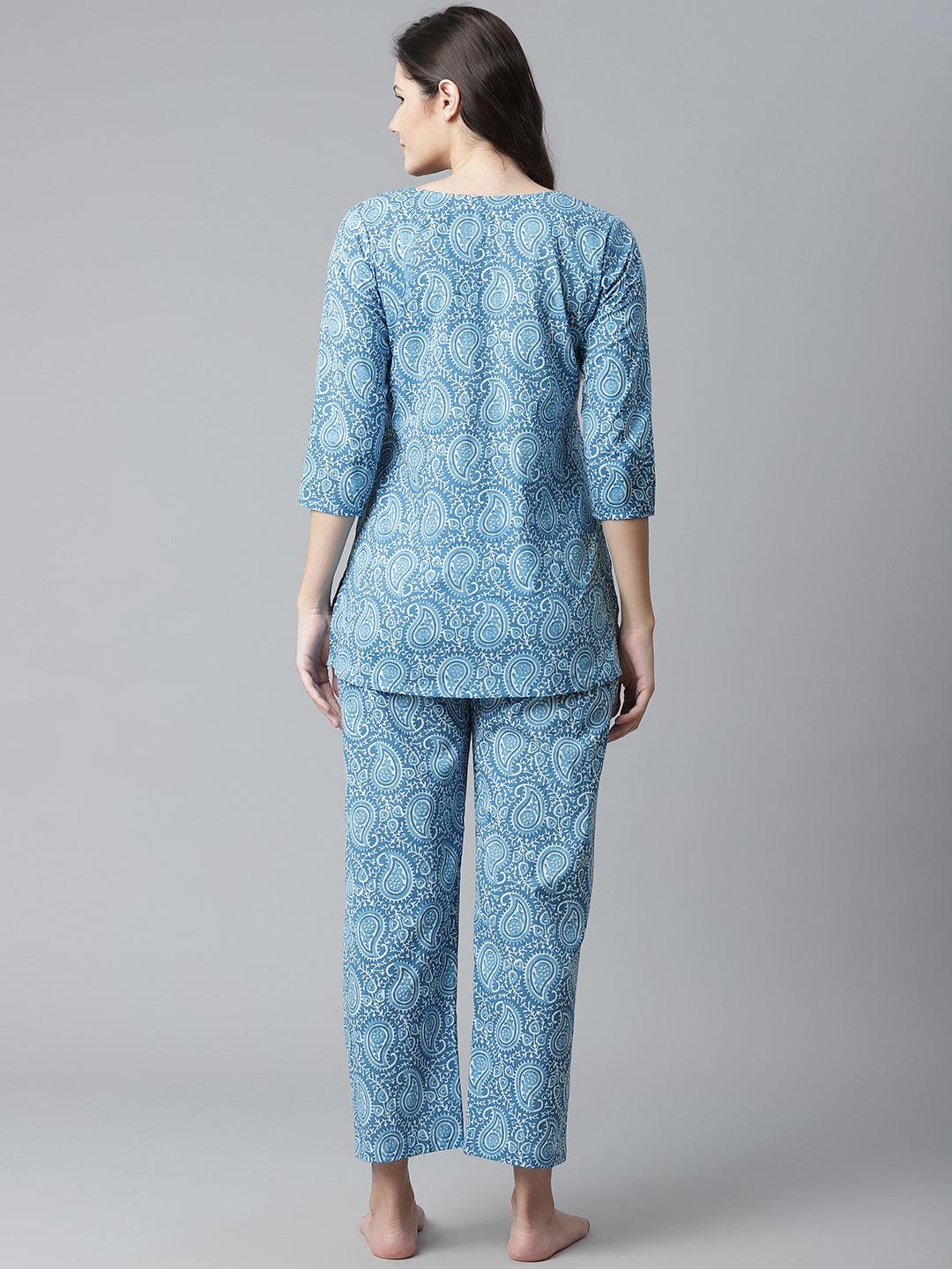  Blue Printed Cotton Nightwear -  world