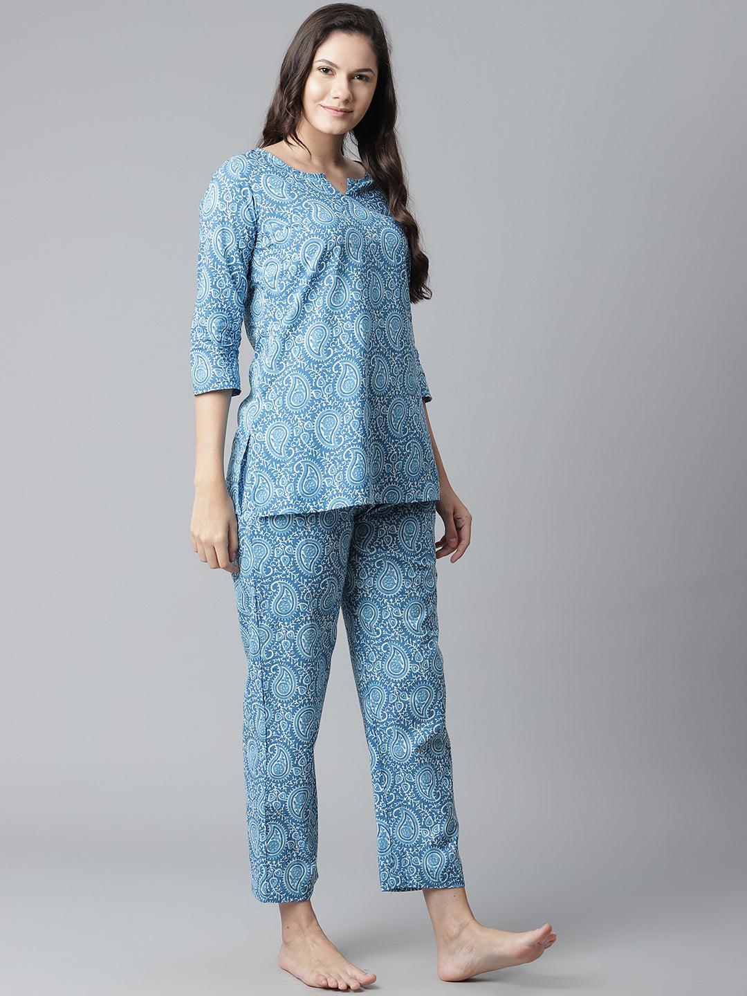  Blue Printed Cotton Nightwear -  world