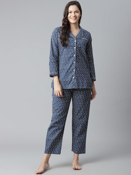  Indigo Printed Cotton Nightsuit -  world