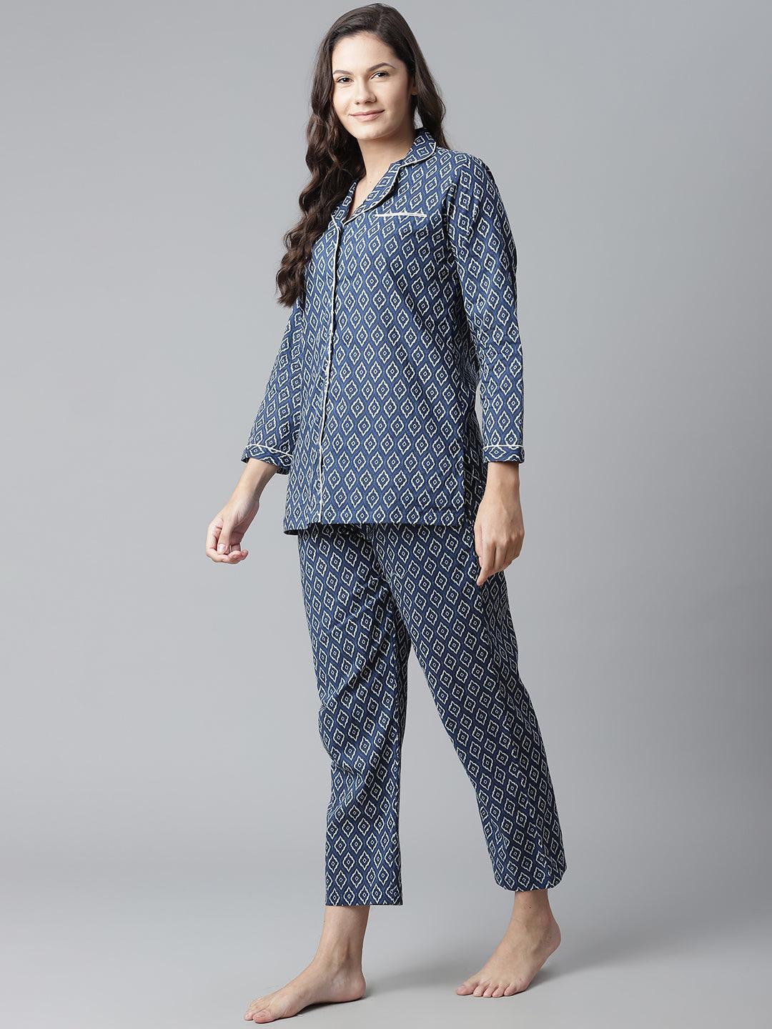  Indigo Printed Cotton Nightsuit -  world