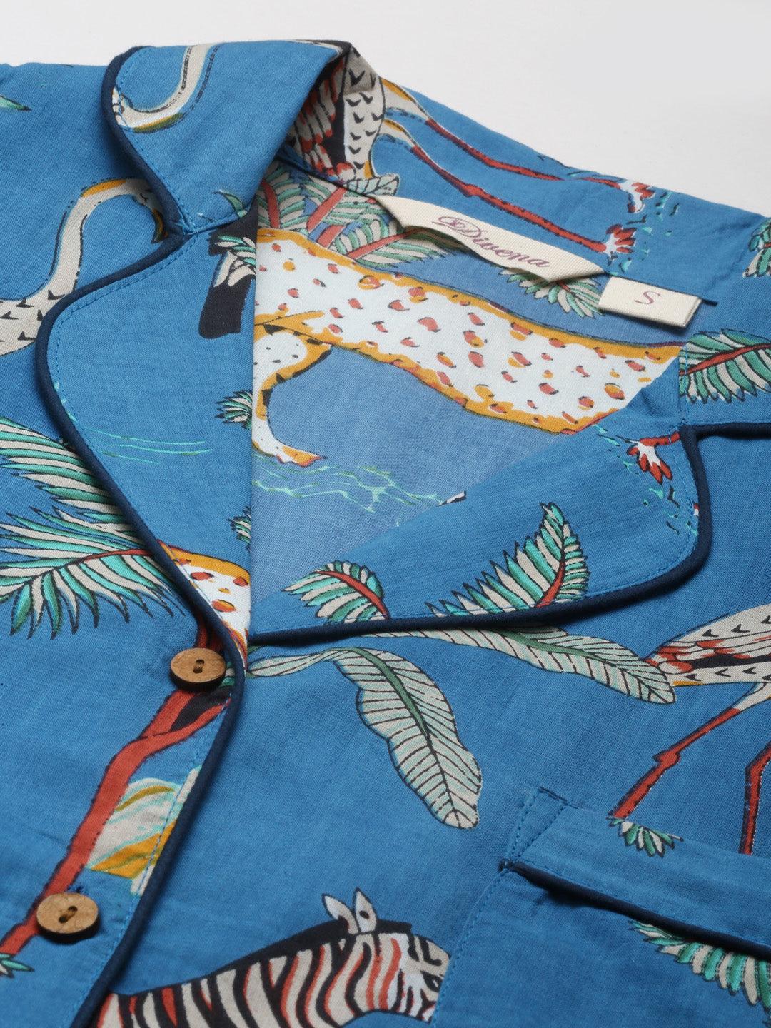  Teal blue Cotton Animal Print Night suit -  world