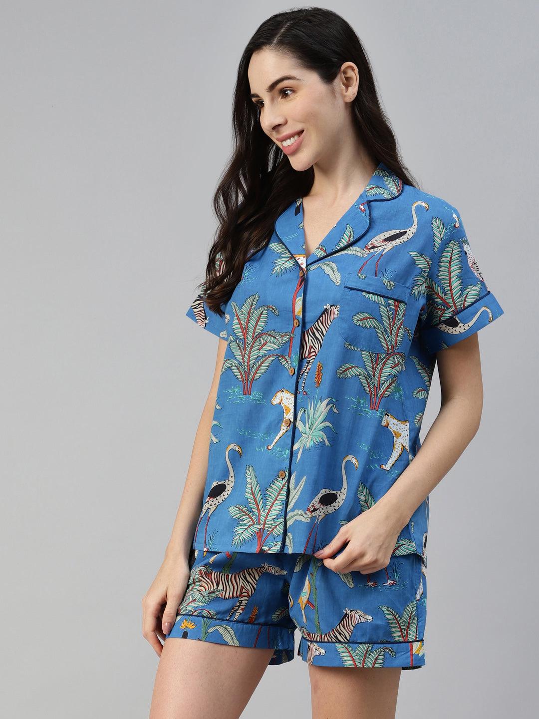  Teal blue Cotton Animal Print Night suit -  world