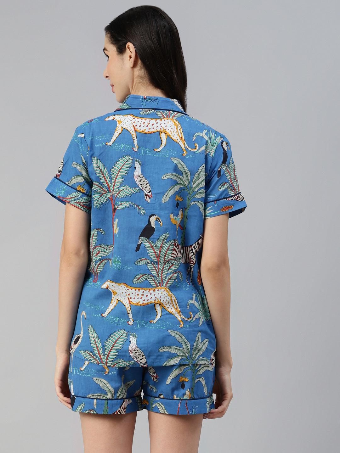  Teal blue Cotton Animal Print Night suit -  world