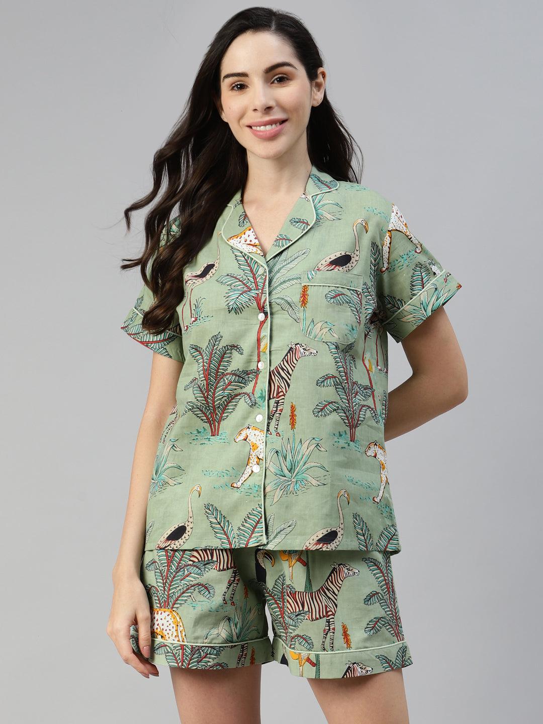  Sea Green Cotton Animal Print Night Suit -  world