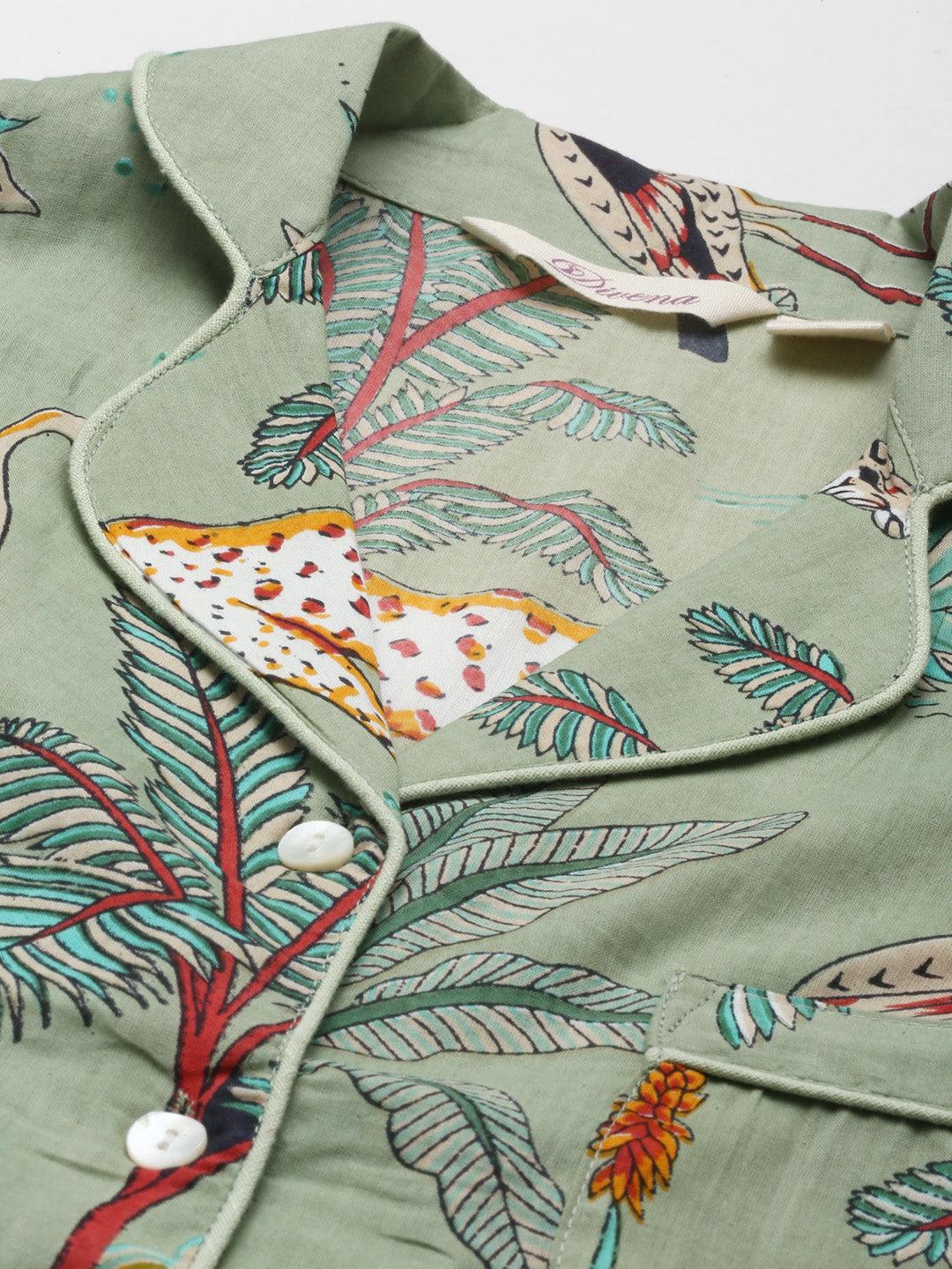  Sea Green Cotton Animal Print Night Suit -  world