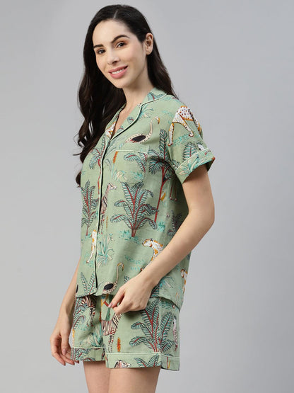  Sea Green Cotton Animal Print Night Suit -  world
