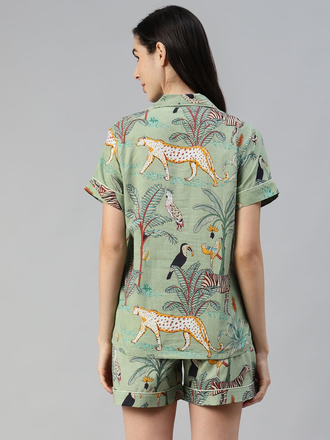  Sea Green Cotton Animal Print Night Suit -  world