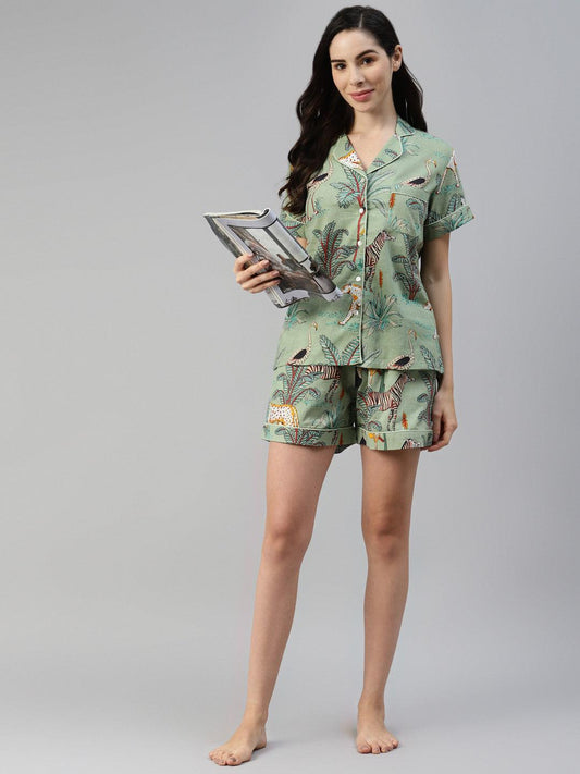  Sea Green Cotton Animal Print Night Suit -  world