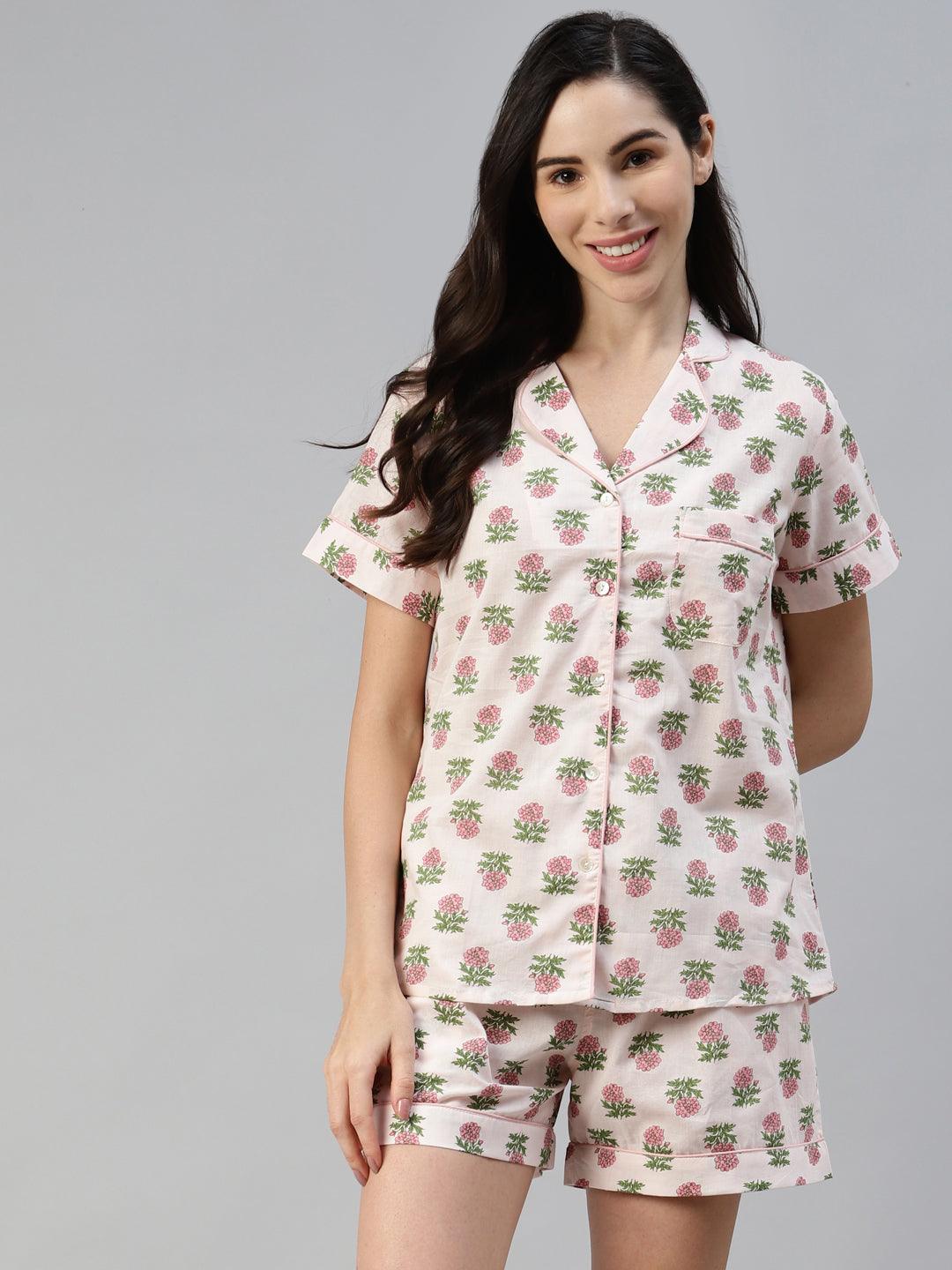  Baby pink Cotton Floral Print Night Suit -  world