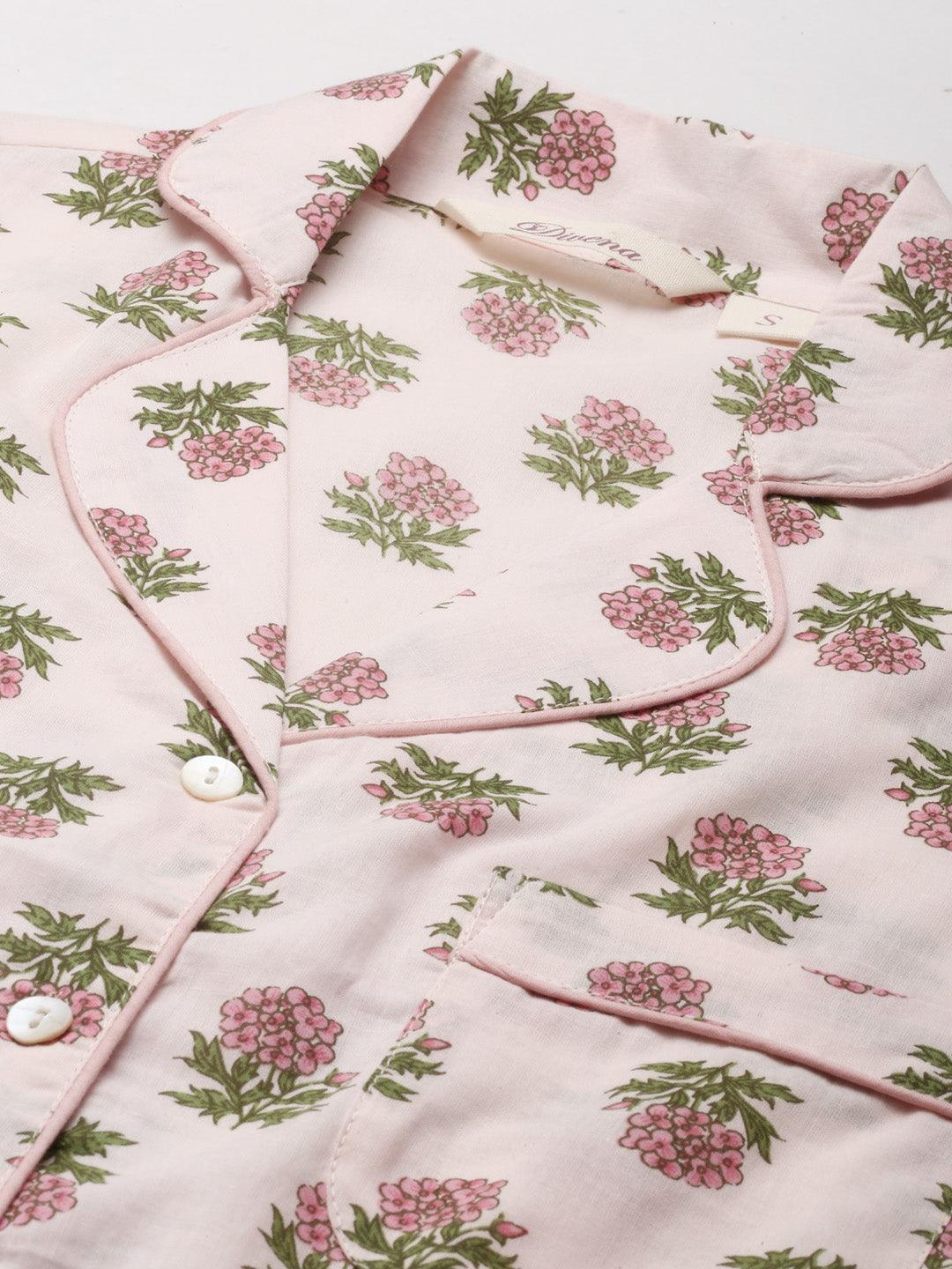  Baby pink Cotton Floral Print Night Suit -  world