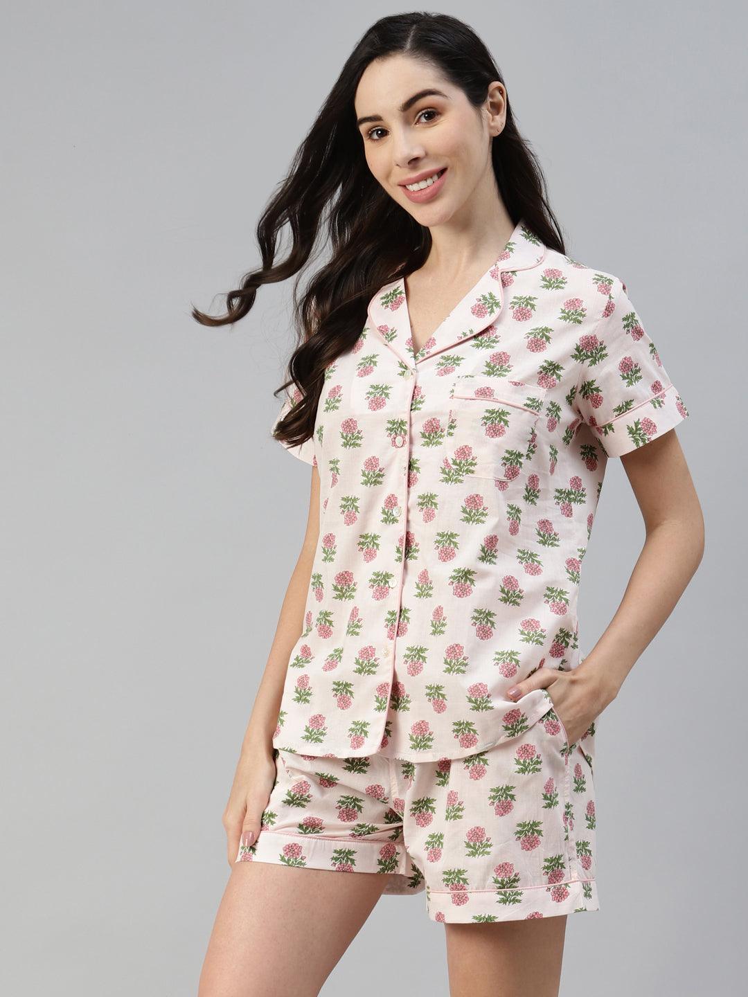  Baby pink Cotton Floral Print Night Suit -  world