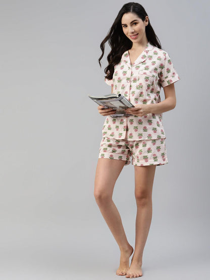  Baby pink Cotton Floral Print Night Suit -  world