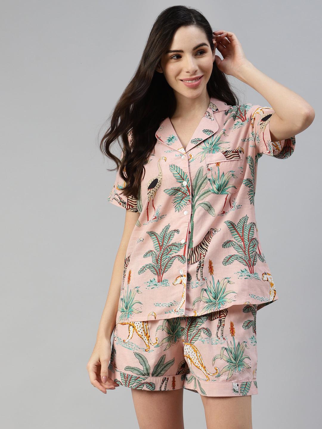  Pink Cotton Floral Print Night Suit -  world