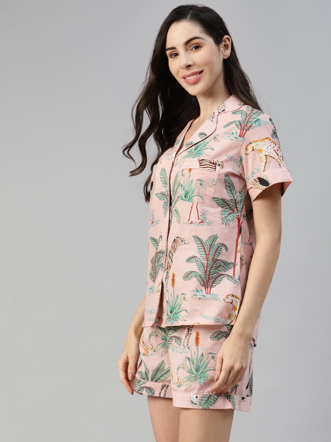  Pink Cotton Floral Print Night Suit -  world