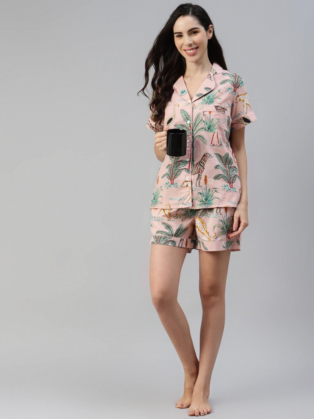  Pink Cotton Floral Print Night Suit -  world