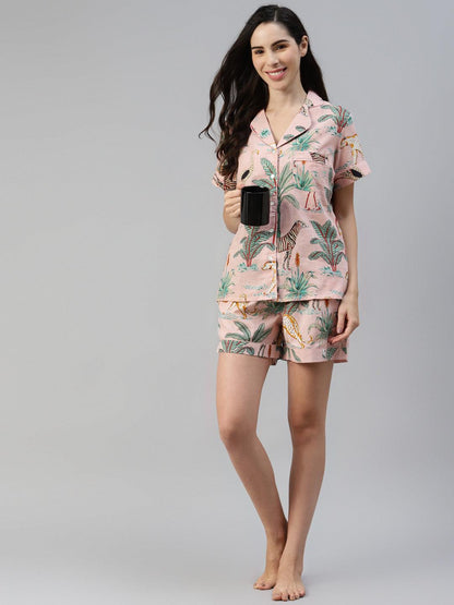  Pink Cotton Floral Print Night Suit -  world