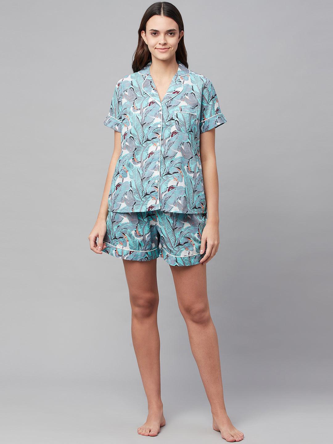  Seagreen Cotton Floral Print Night Suit -  world