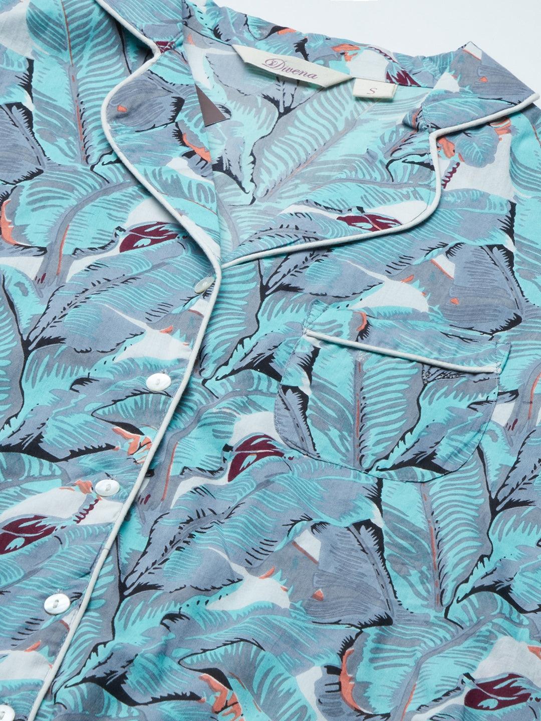  Seagreen Cotton Floral Print Night Suit -  world