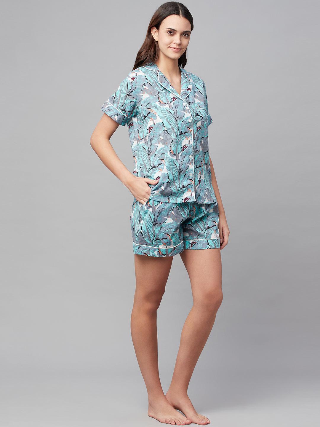  Seagreen Cotton Floral Print Night Suit -  world