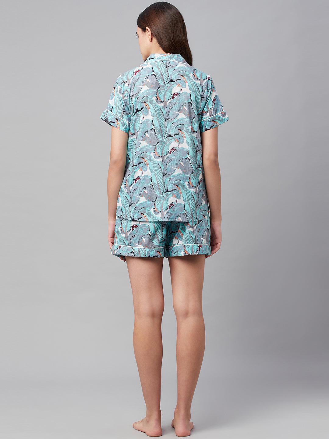  Seagreen Cotton Floral Print Night Suit -  world