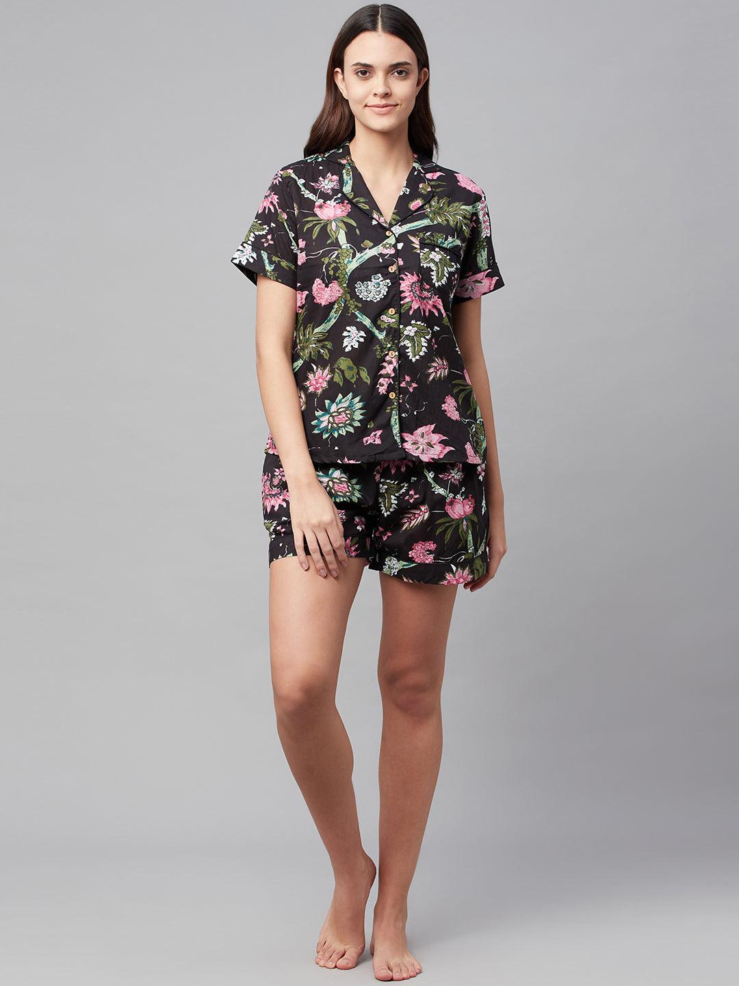  Black Cotton Floral Print Night Suit -  world