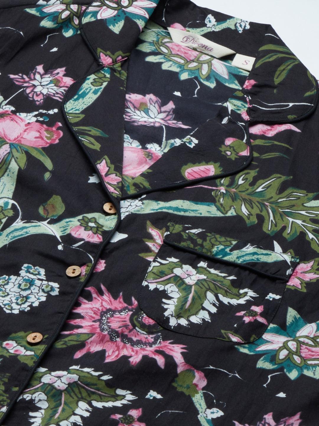  Black Cotton Floral Print Night Suit -  world