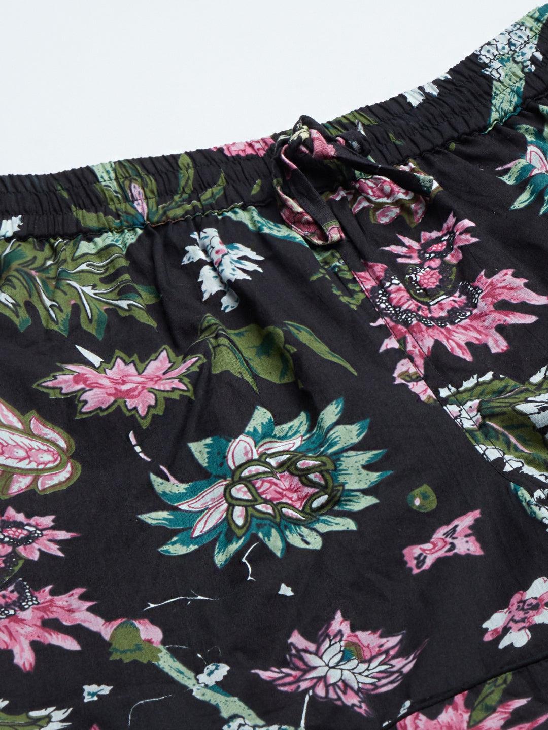  Black Cotton Floral Print Night Suit -  world