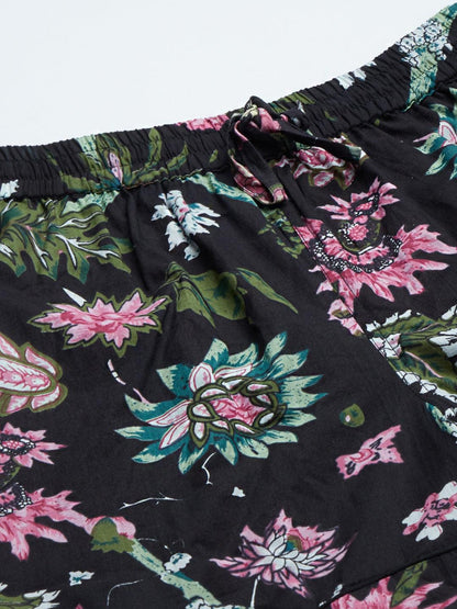  Black Cotton Floral Print Night Suit -  world