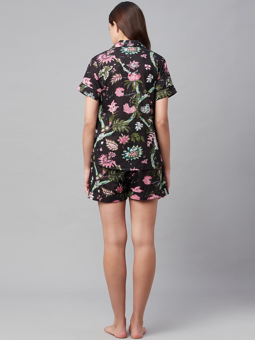  Black Cotton Floral Print Night Suit -  world