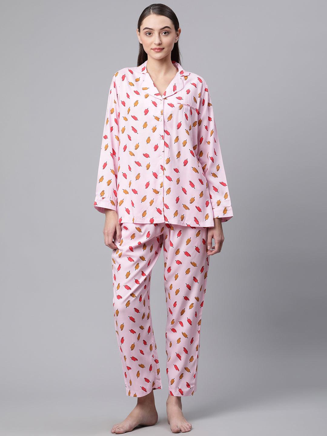   Light Pink Rayon Printed Night suit -  world