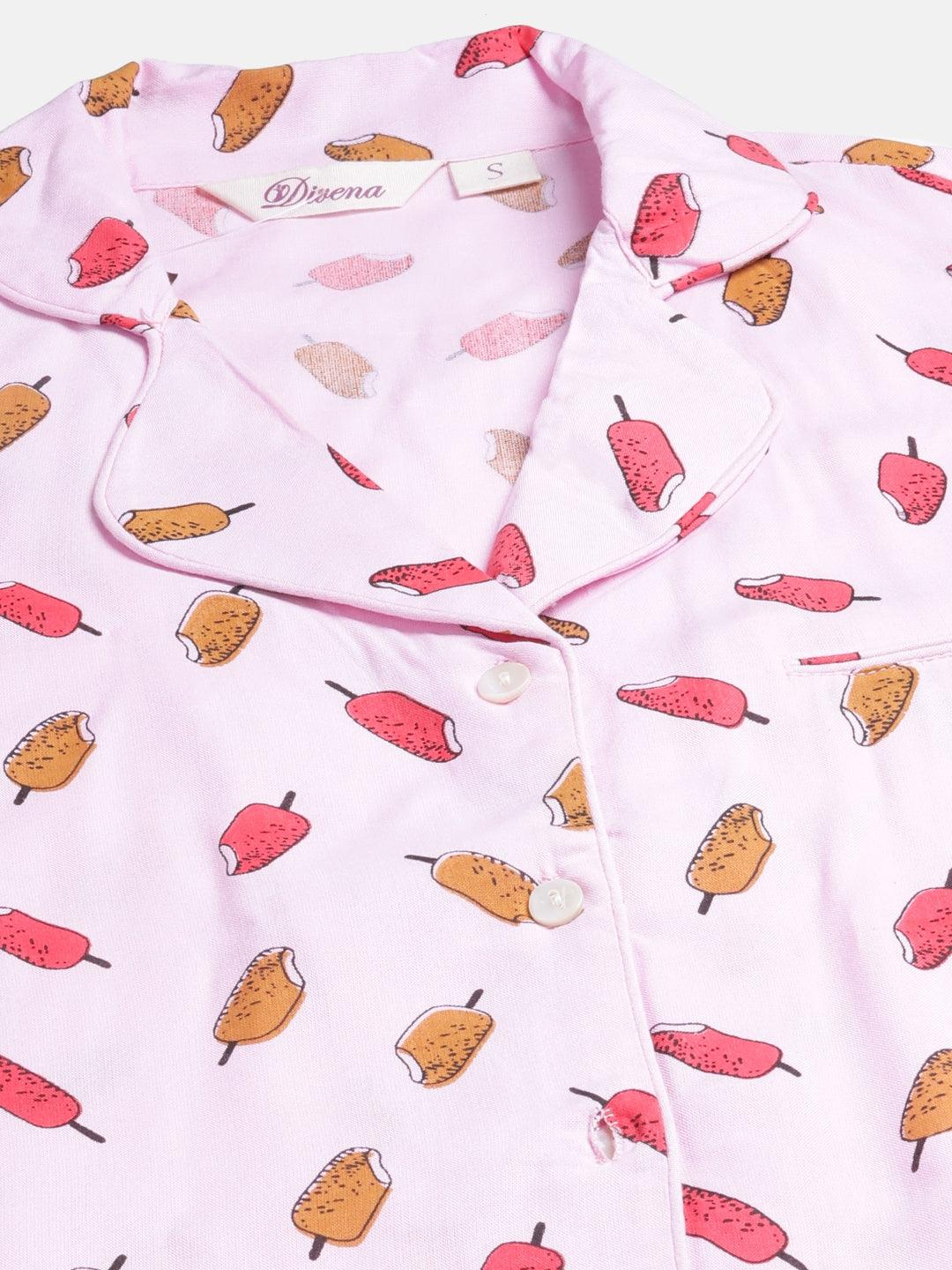   Light Pink Rayon Printed Night suit -  world