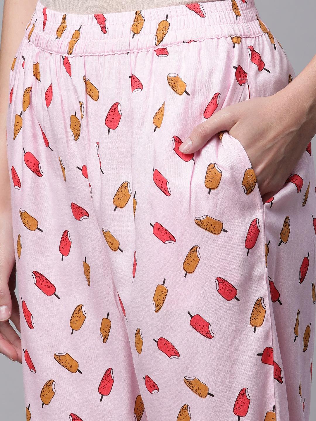   Light Pink Rayon Printed Night suit -  world