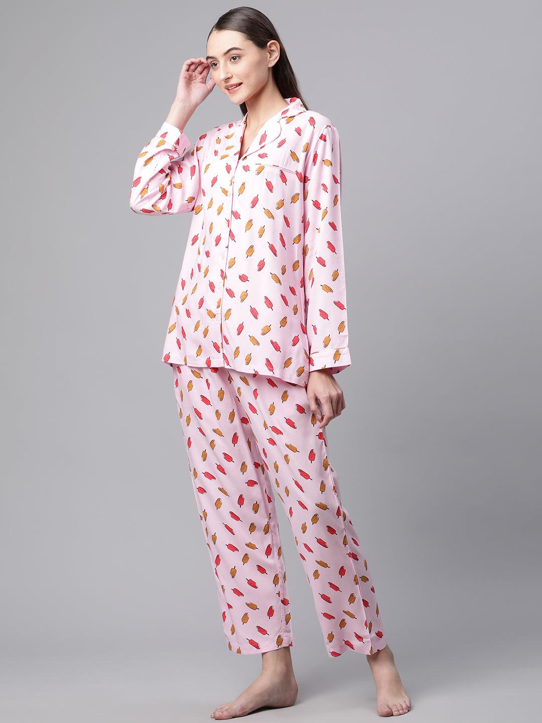   Light Pink Rayon Printed Night suit -  world