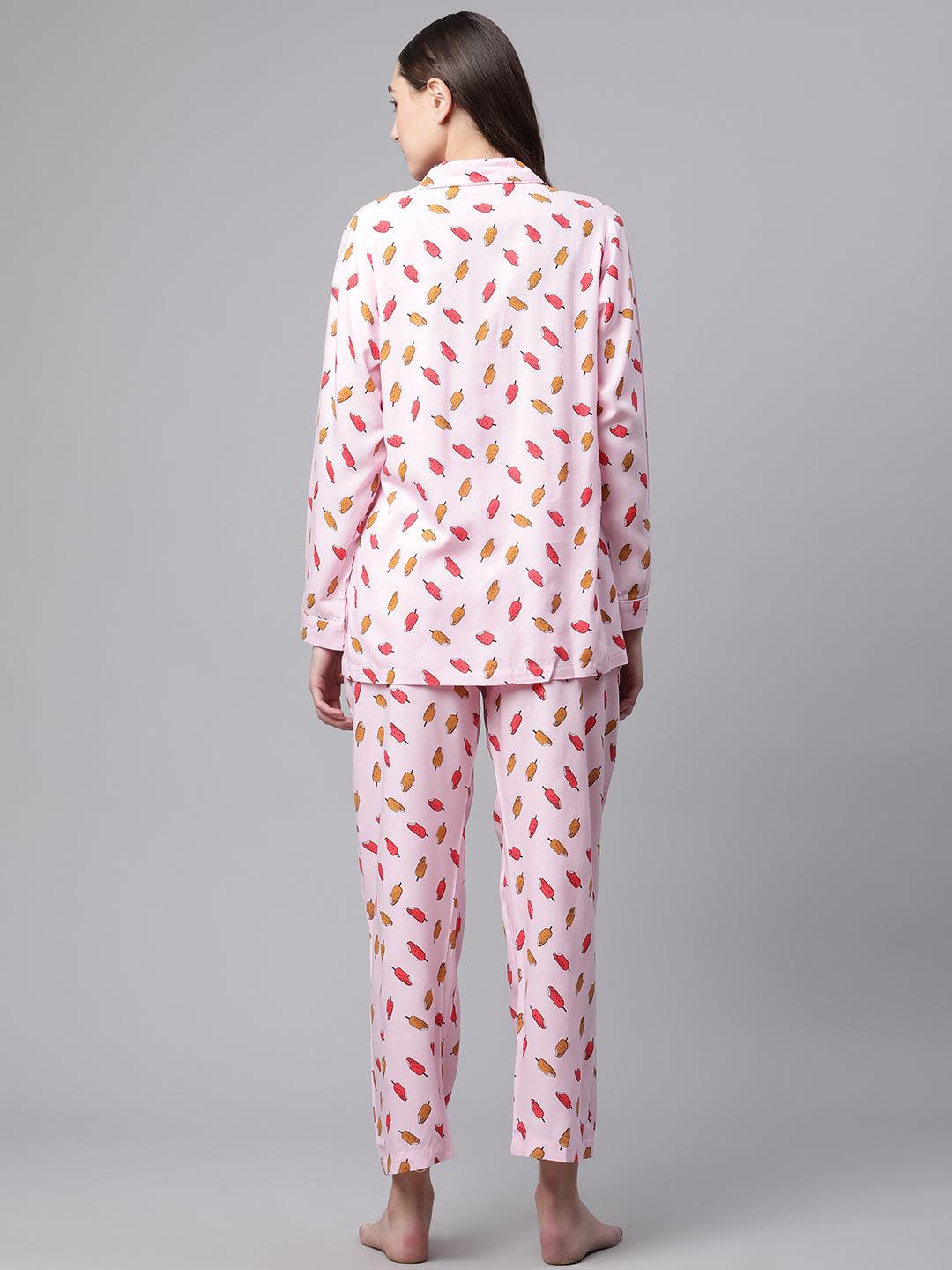   Light Pink Rayon Printed Night suit -  world