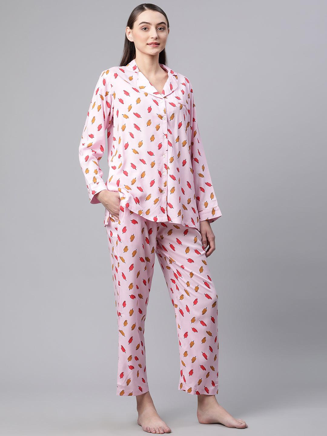   Light Pink Rayon Printed Night suit -  world