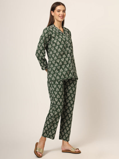 Green Floral Print Cotton Regular Fit Night Suit