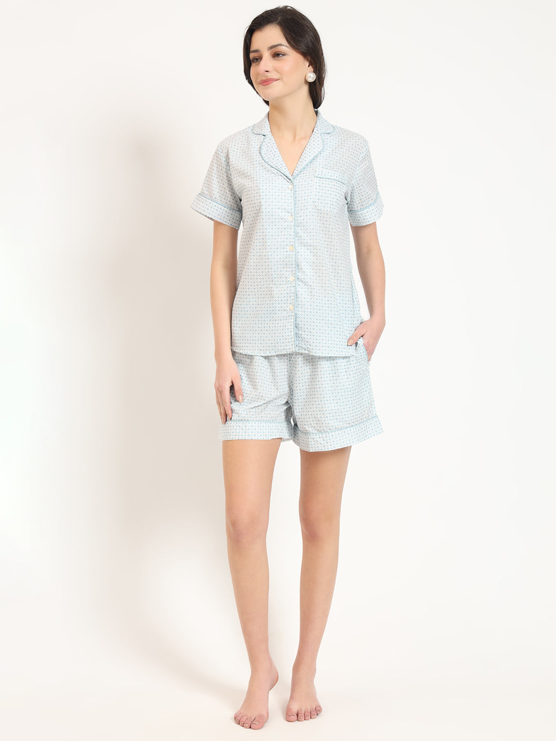 Grey Printed Cotton Shirt with Shorts Night suit