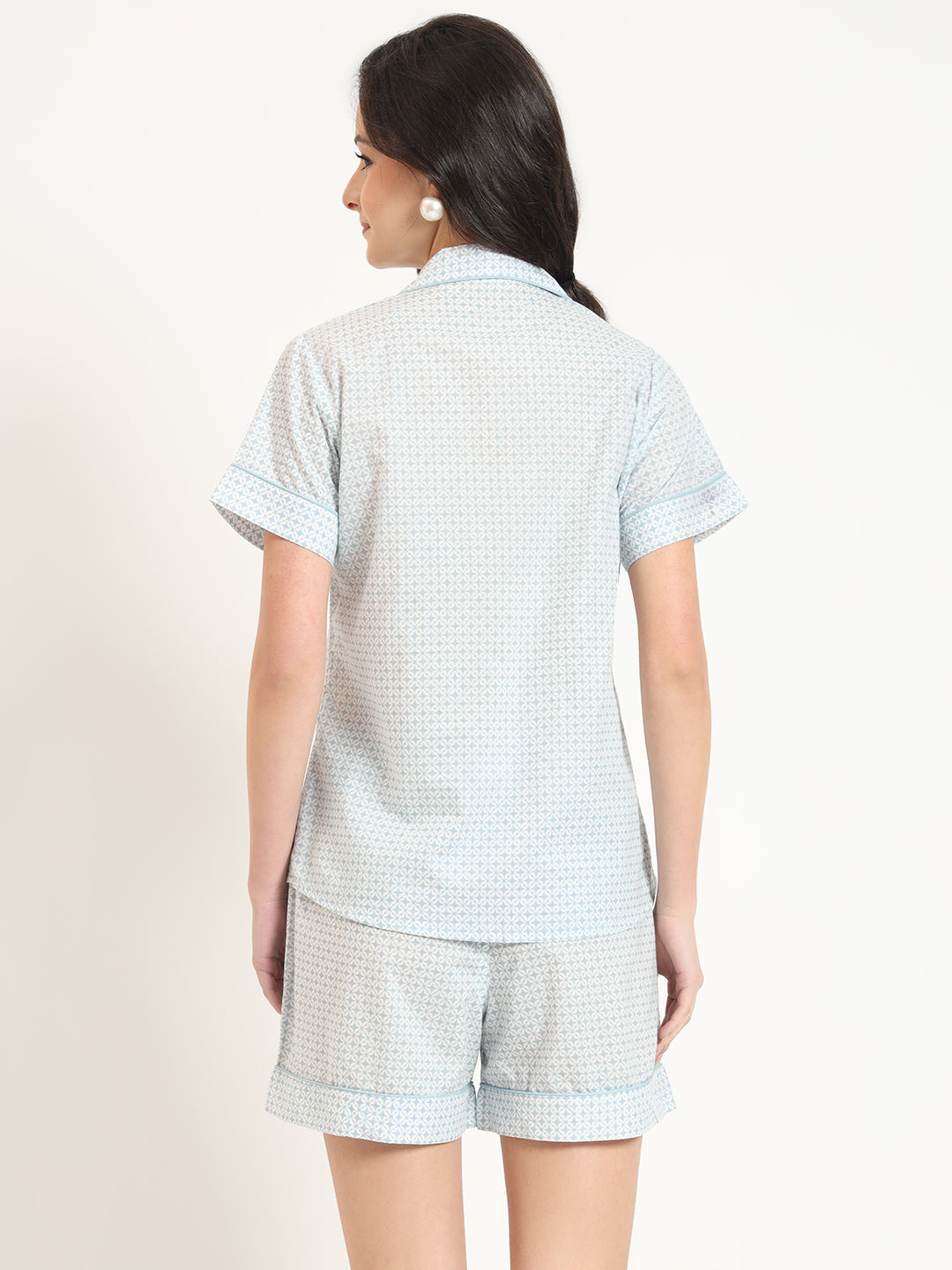 Grey Printed Cotton Shirt with Shorts Night suit