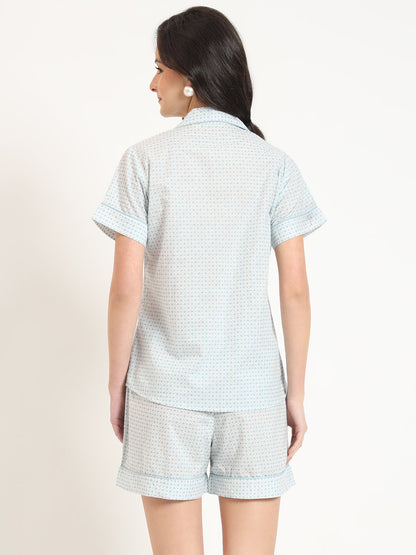 Grey Printed Cotton Shirt with Shorts Night suit