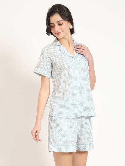 Grey Printed Cotton Shirt with Shorts Night suit