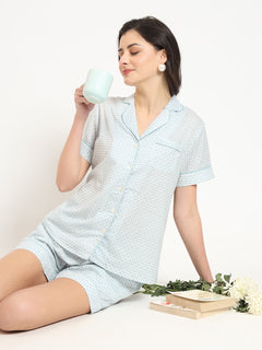 Grey Printed Cotton Shirt with Shorts Night suit