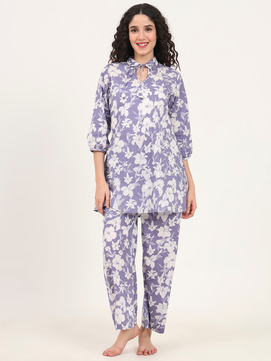 Blue Cotton Night Suit with a Collared Shirt