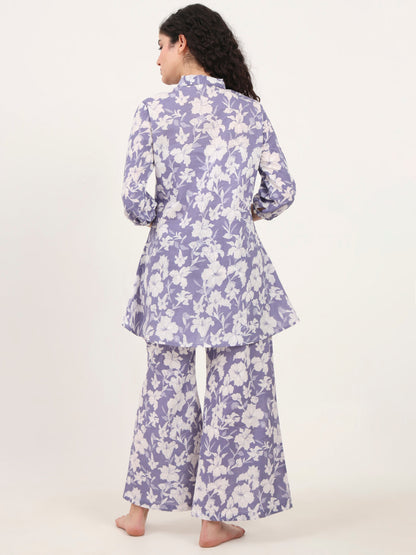 Blue Cotton Night Suit with a Collared Shirt